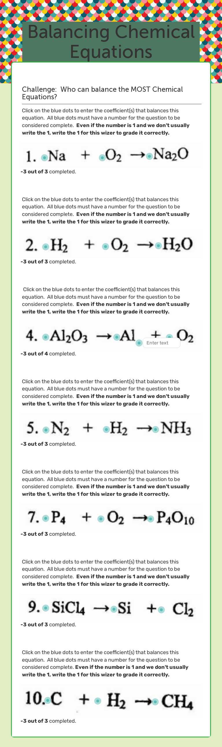 Balancing Chemical Equations Grade 7 worksheet preview