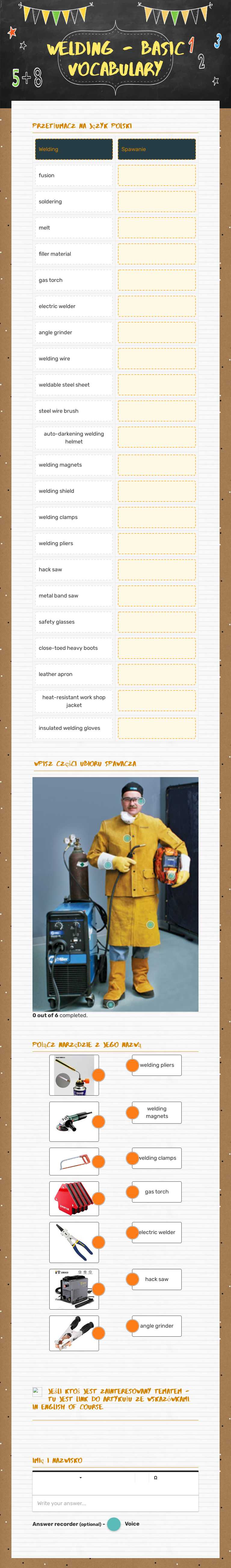 Welding - basic vocabulary worksheet preview image