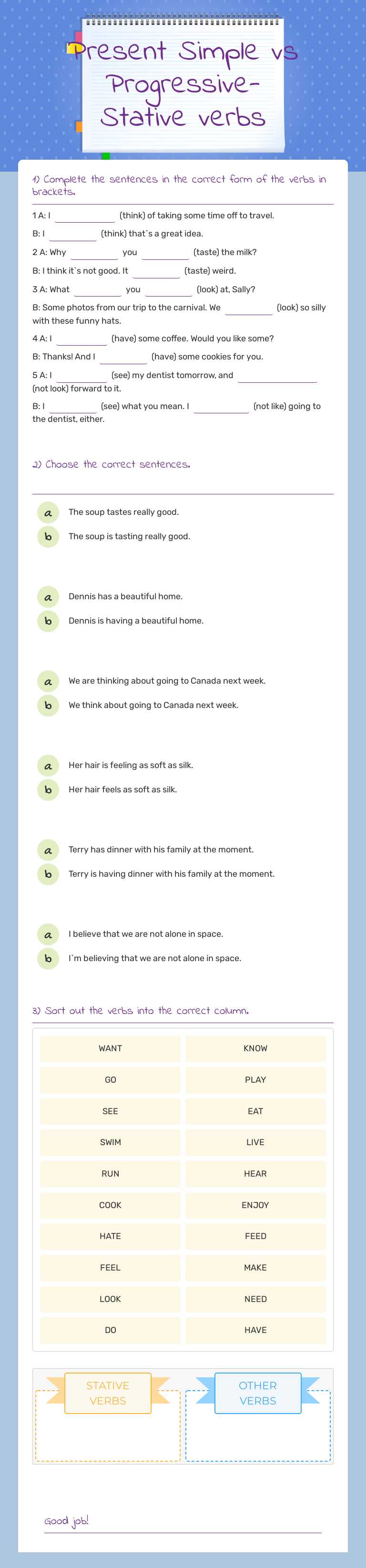Present Simple vs Progressive- Stative verbs Grade 8 worksheet preview