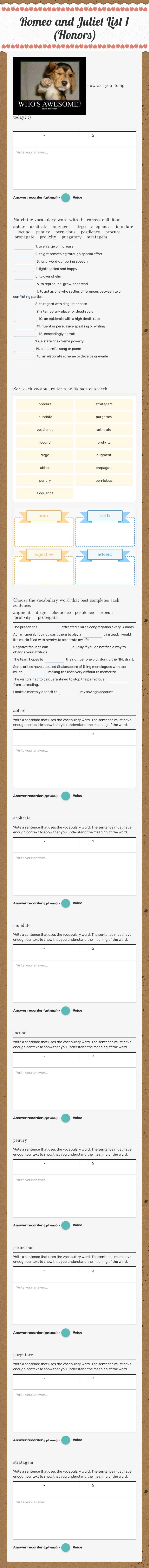 Romeo and Juliet List 1 (Honors) worksheet preview image