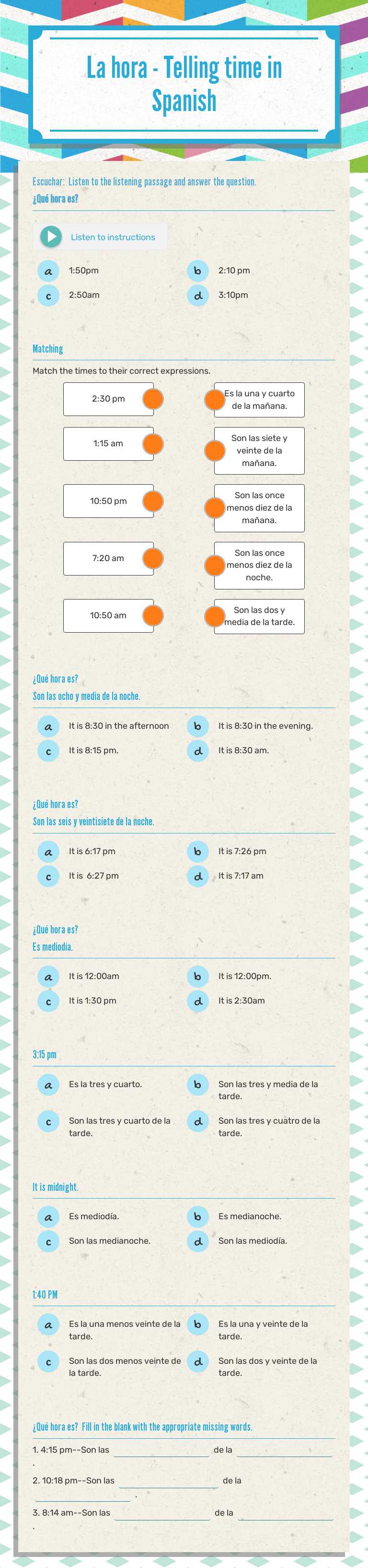 La hora - Telling time in Spanish Grade 6 worksheet preview