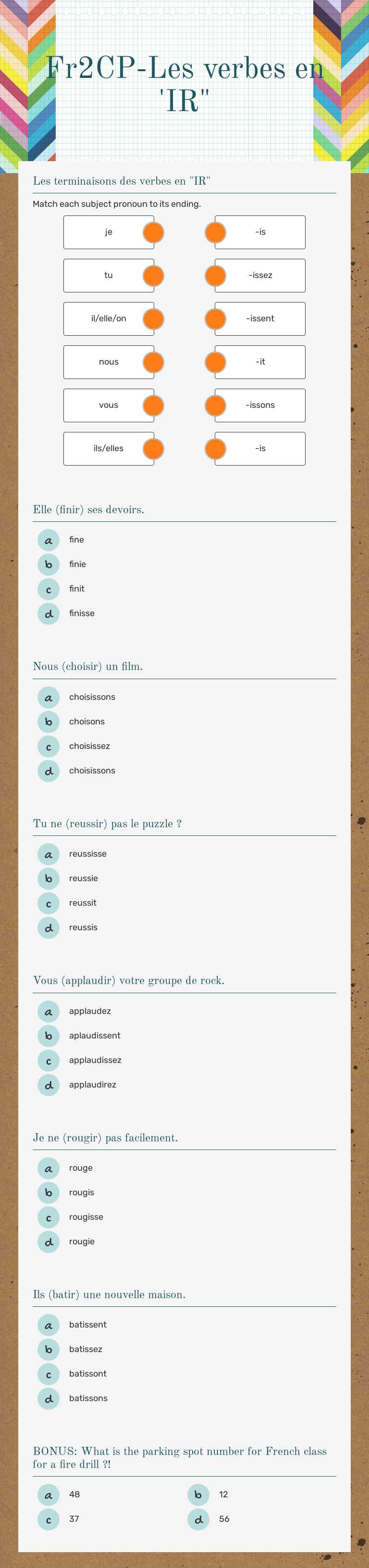 Fr2CP-Les verbes en 'IR" Grade 8 worksheet preview