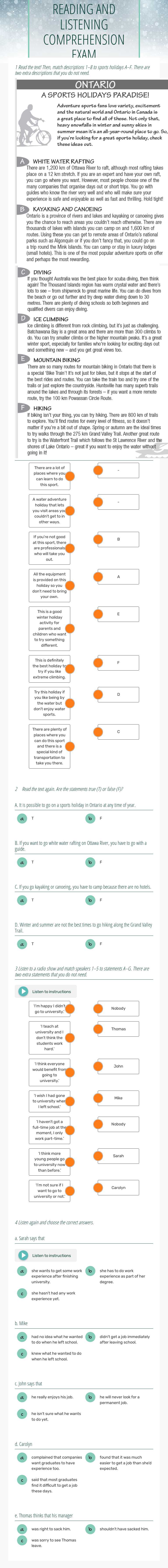 READING AND LISTENING COMPREHENSION EXAM worksheet preview image