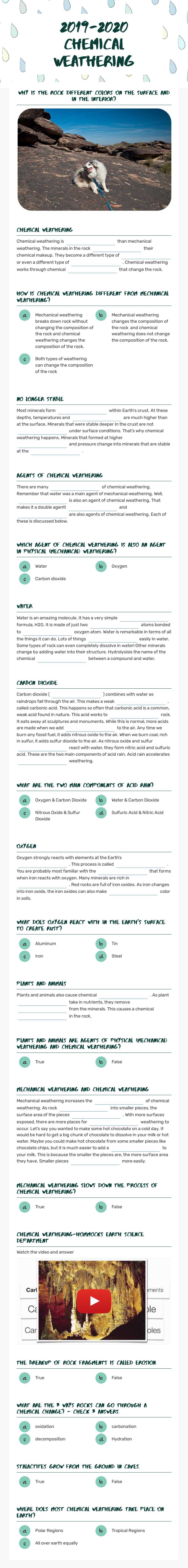 2019-2020 Chemical Weathering Grade 6 worksheet preview