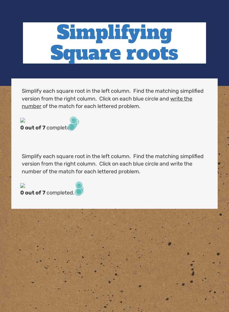 Simplifying Square roots worksheet preview image