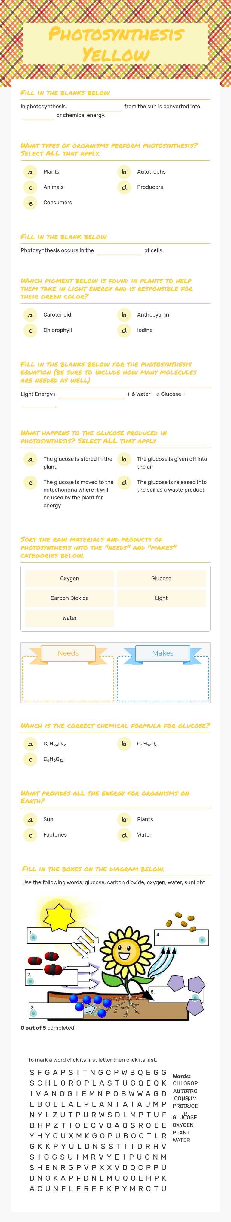 Photosynthesis     Yellow worksheet preview image