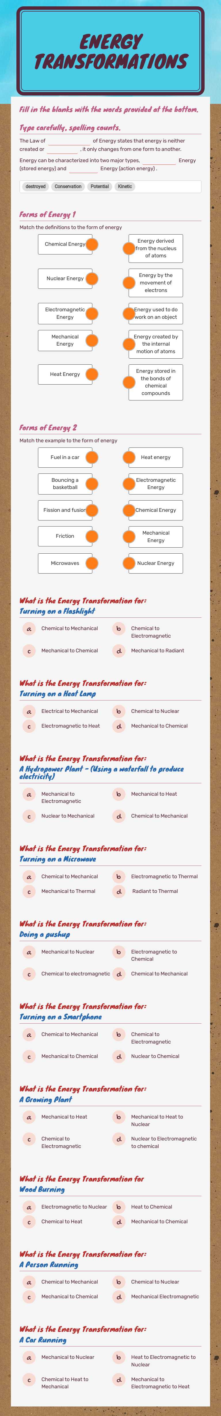 Energy Transformations worksheet preview image