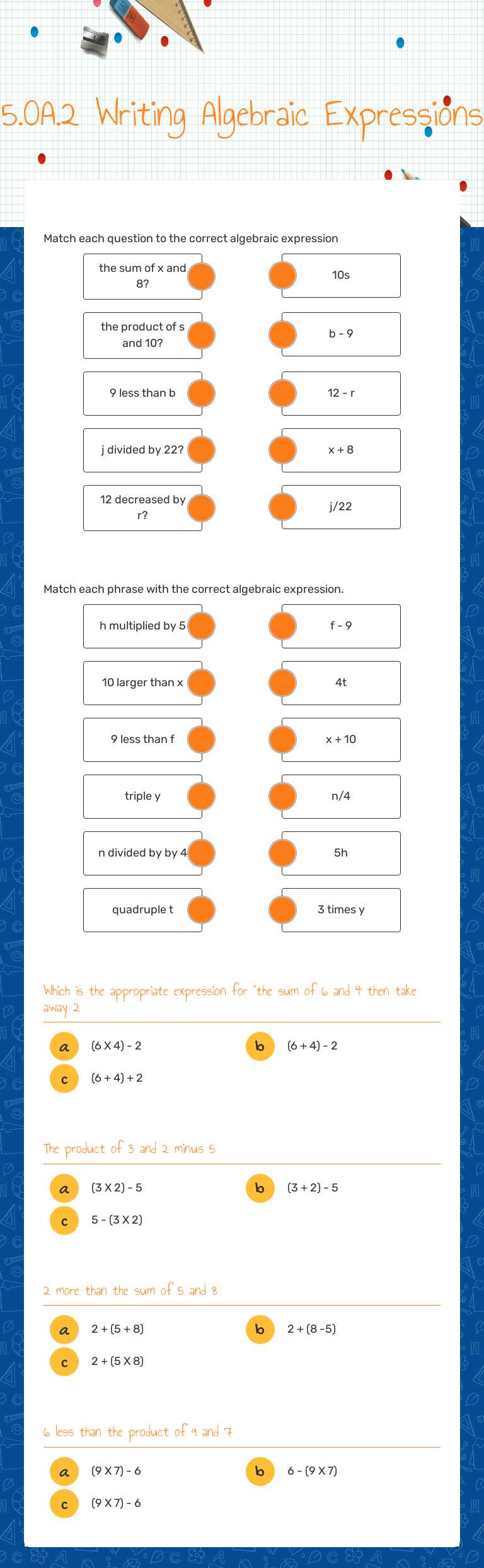 5.OA.2 Writing Algebraic Expressions worksheet preview image