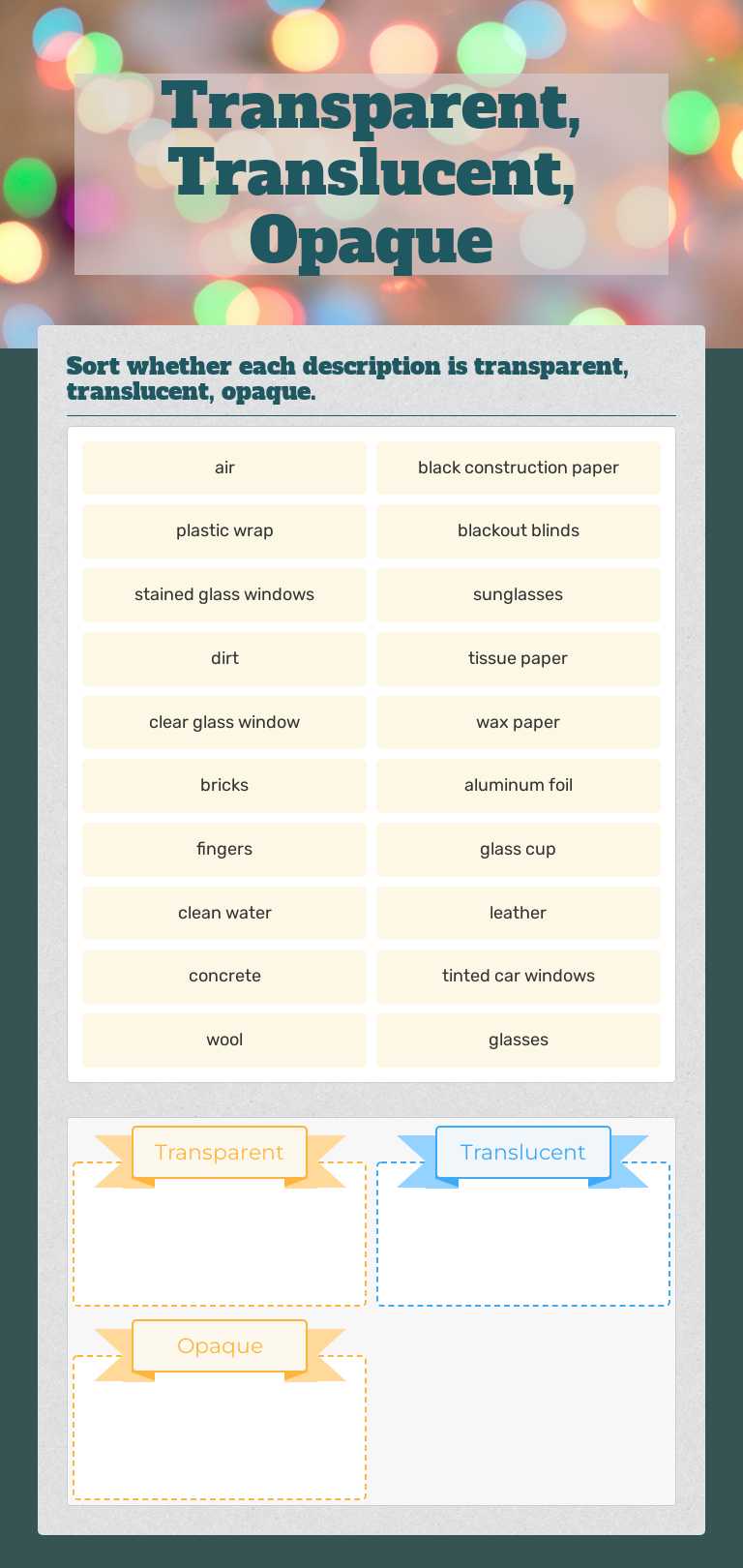 Transparent, Translucent, Opaque worksheet preview image