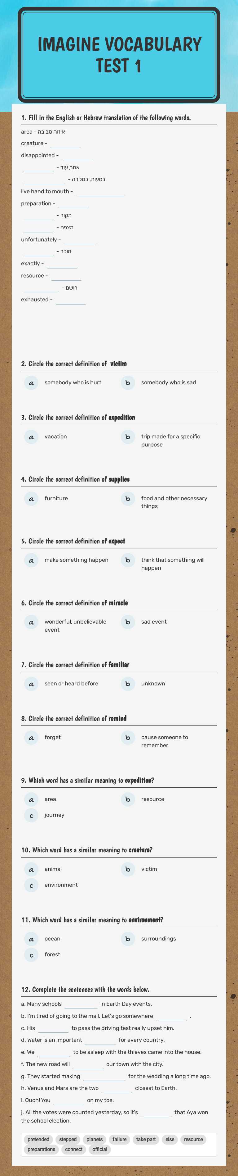Imagine
Vocabulary test 1 Grade 9 worksheet preview