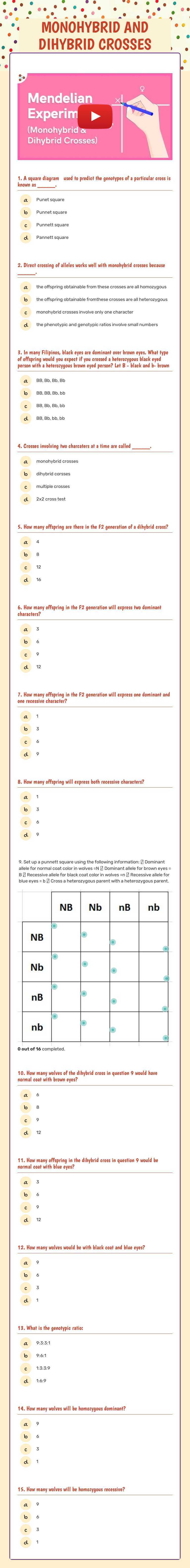 MONOHYBRID AND DIHYBRID CROSSES worksheet preview image