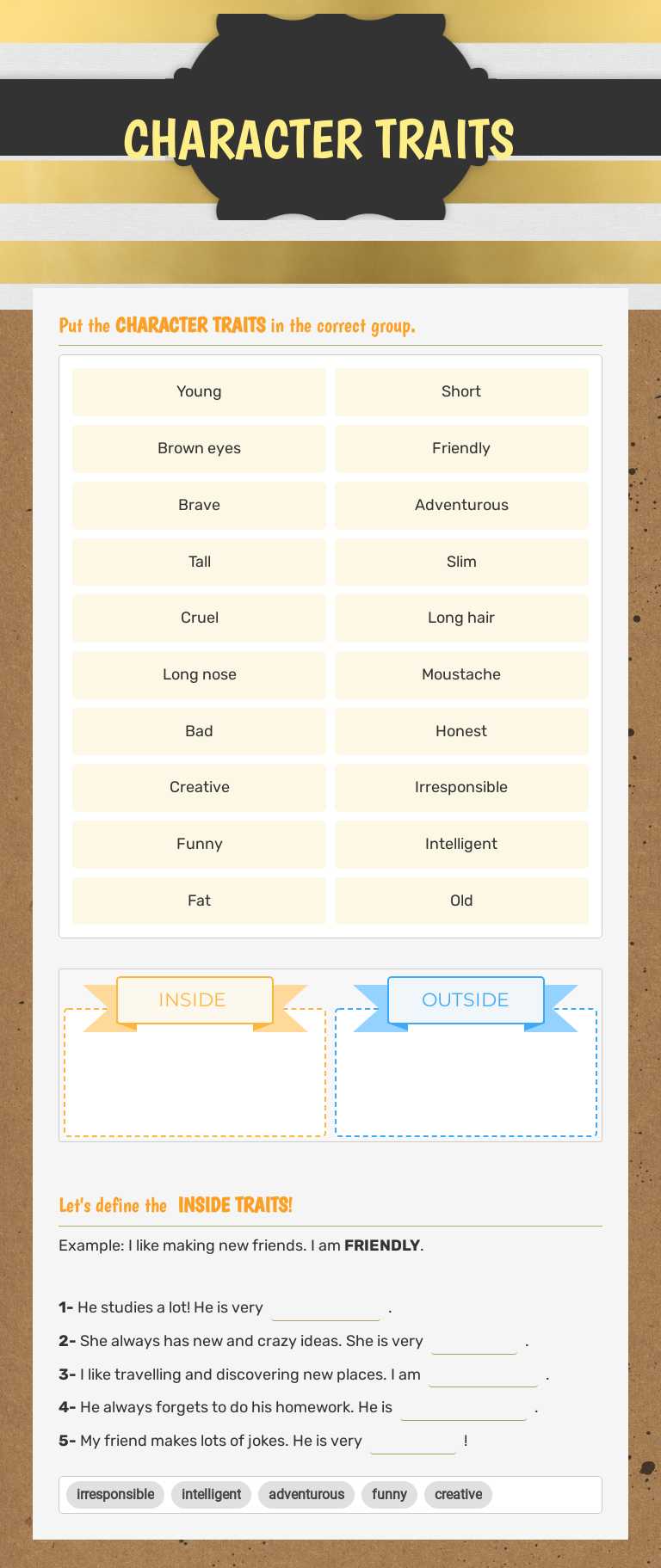 CHARACTER TRAITS worksheet preview image