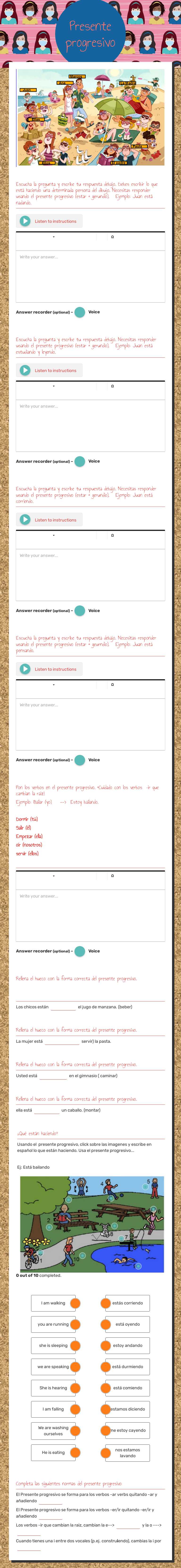 Presente progresivo Grade 10 worksheet preview
