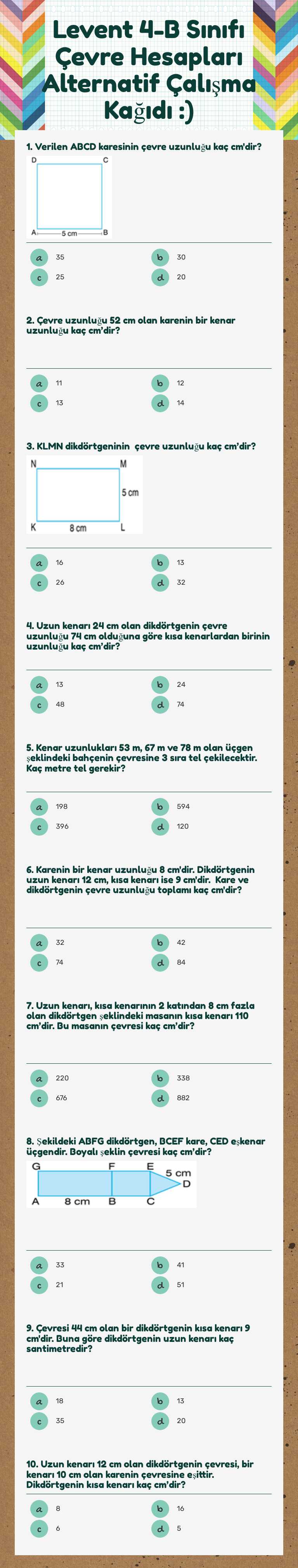 Levent 4-B Sınıfı Çevre Hesapları Alternatif Çalışma Kağıdı :) worksheet preview image