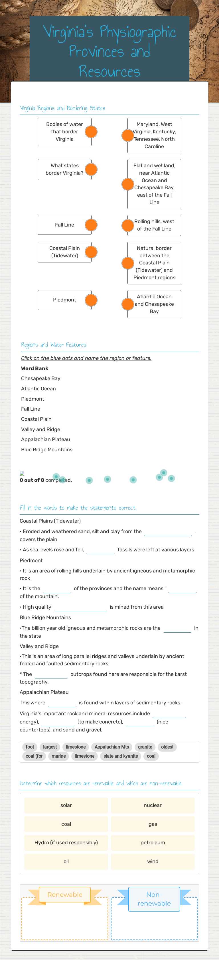 Virginia's Physiographic Provinces and Resources worksheet preview image