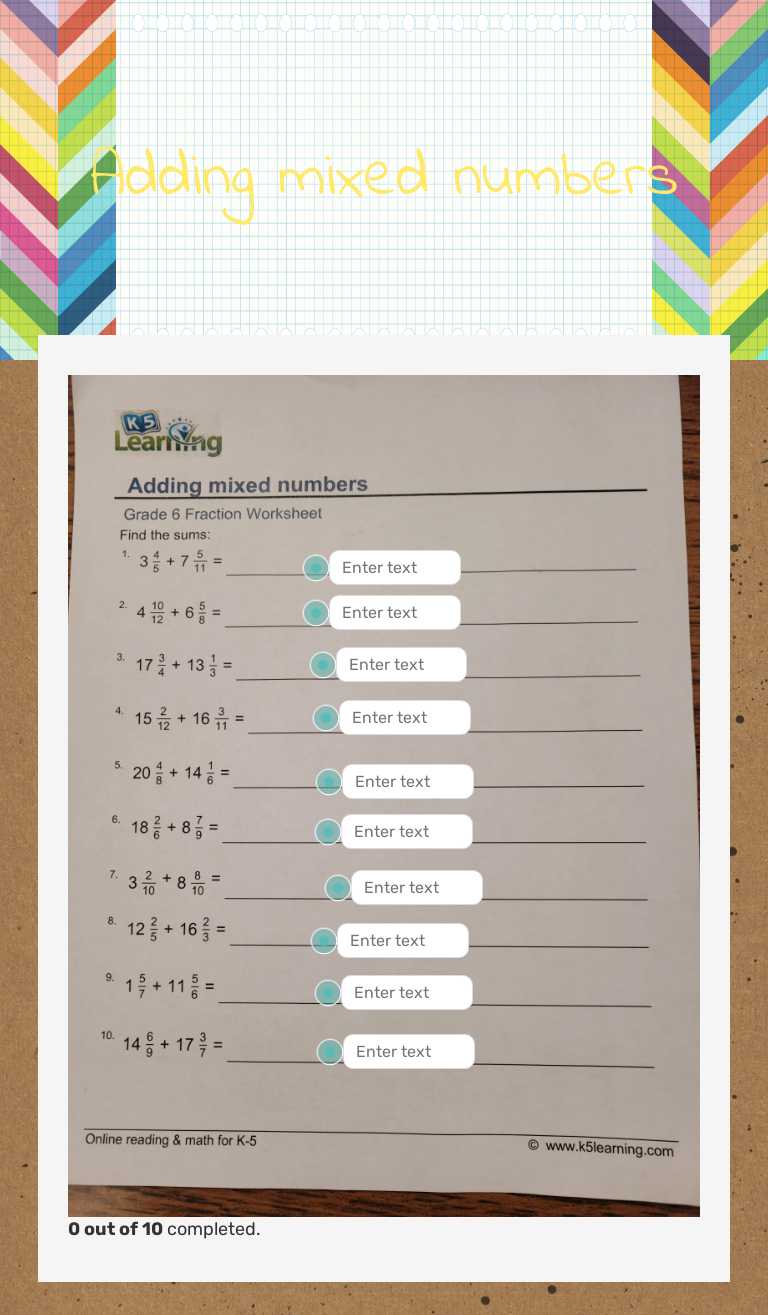 Adding mixed numbers Grade 5 worksheet preview