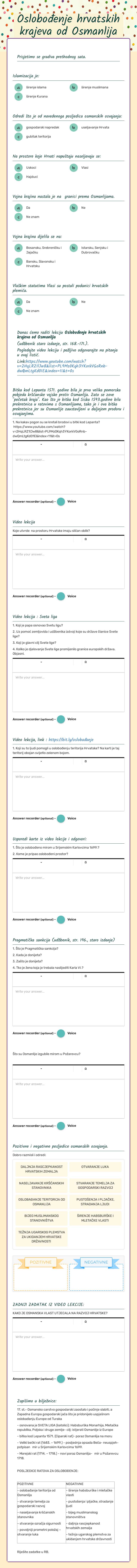 Oslobođenje hrvatskih krajeva od Osmanlija Grade 6 worksheet preview