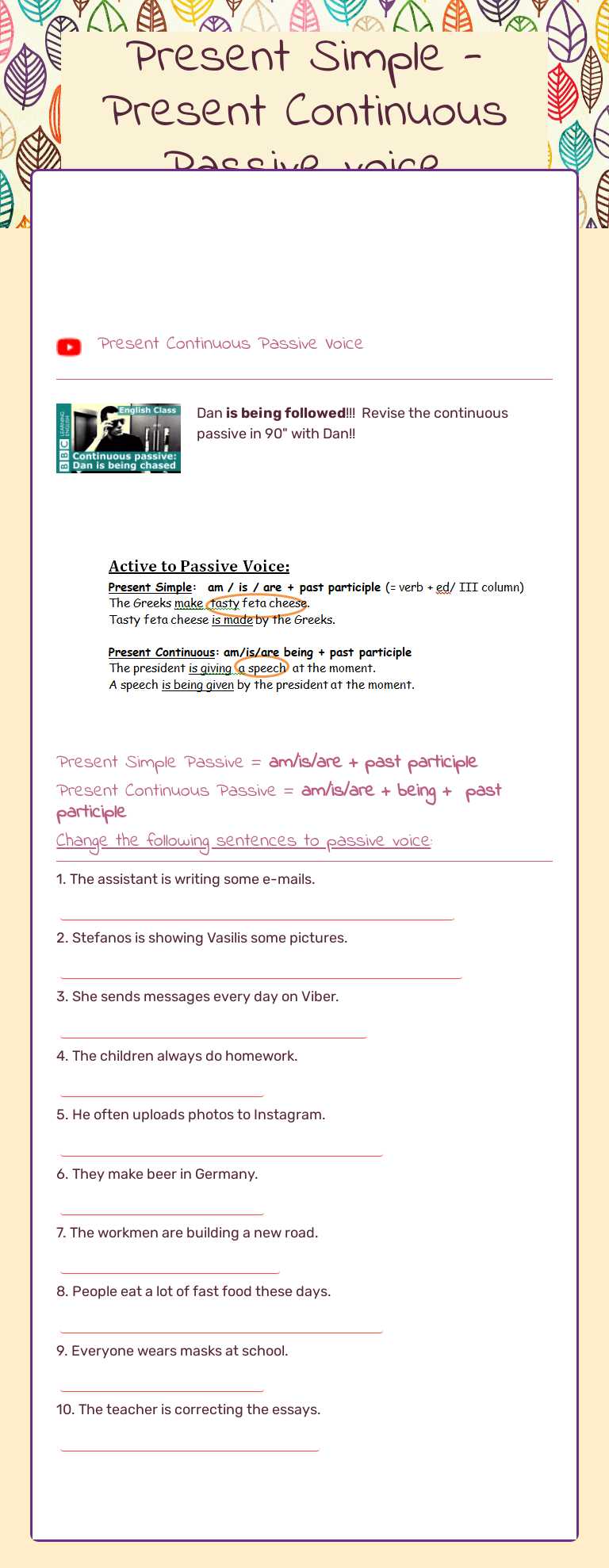 Present Simple - Present Continuous Passive voice worksheet preview image