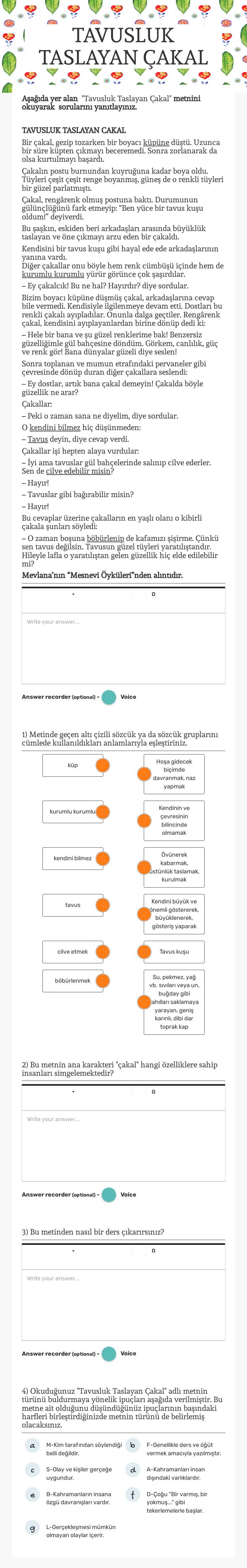 TAVUSLUK TASLAYAN ÇAKAL Grade 5 worksheet preview