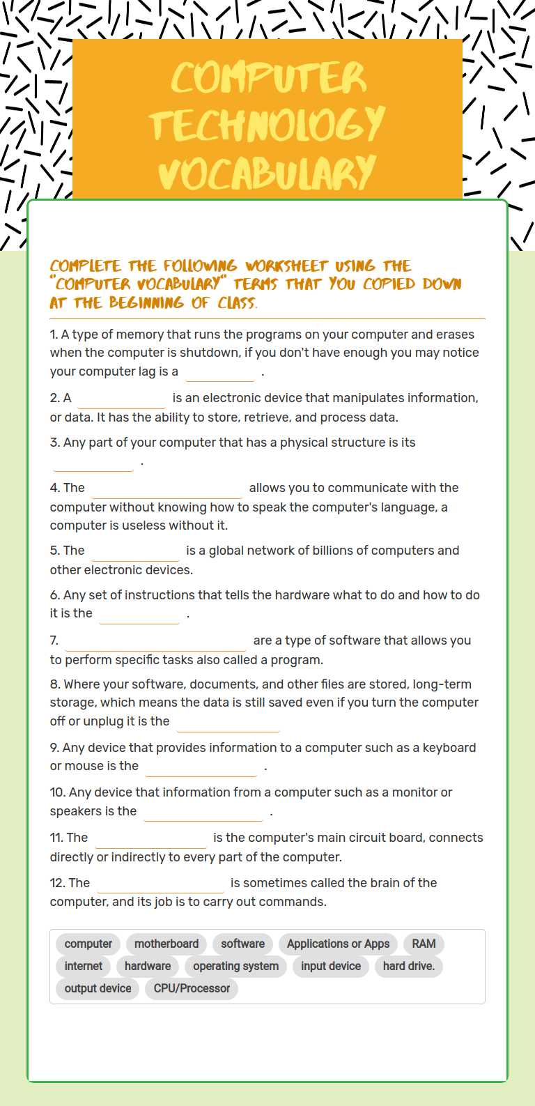 Computer Technology Vocabulary Grade 7 worksheet preview