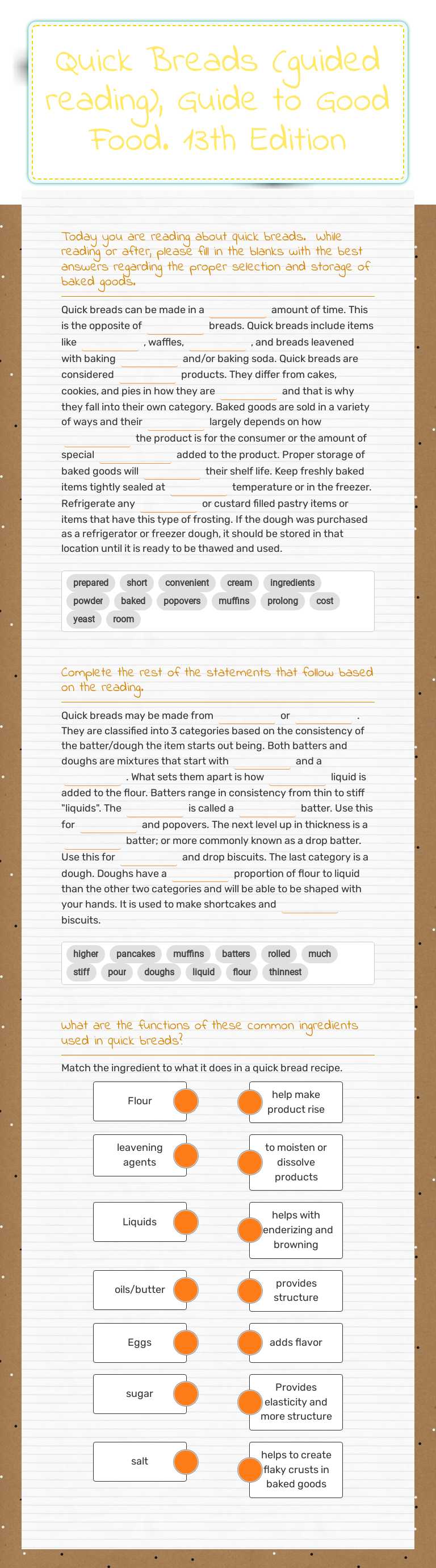 Quick Breads (guided reading), Guide to Good Food. 13th Edition worksheet preview image