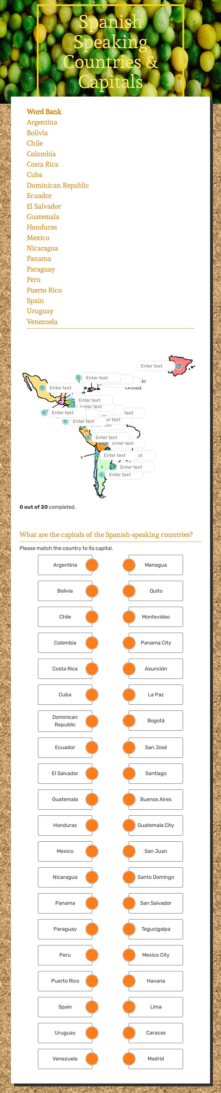 Spanish Speaking Countries & Capitals worksheet preview image
