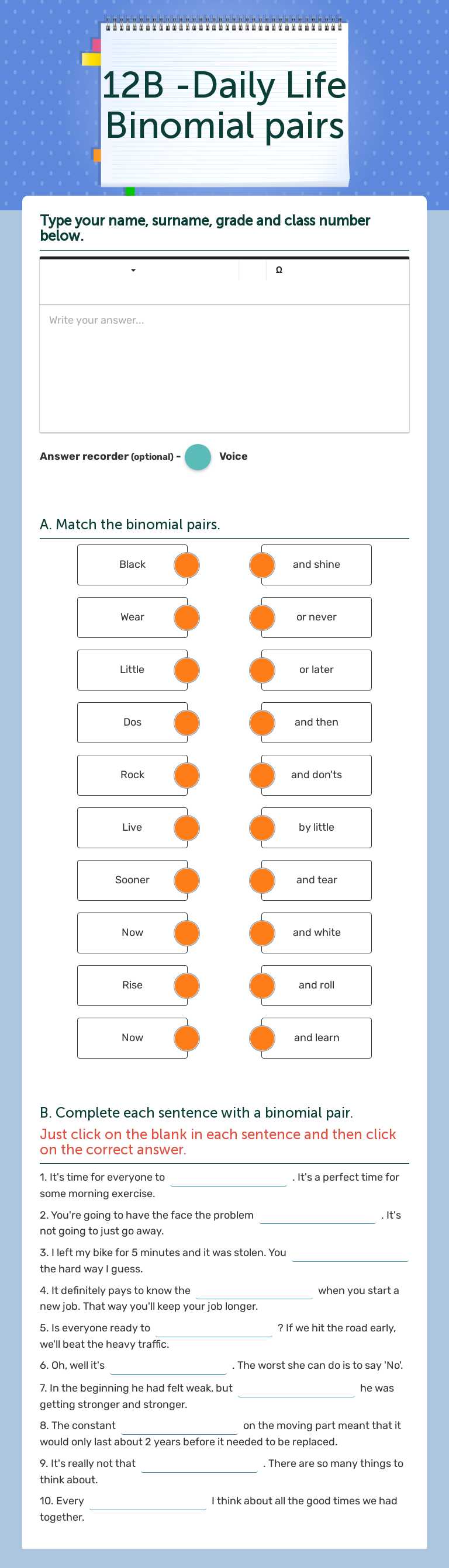 12B -Daily Life Binomial pairs worksheet preview image