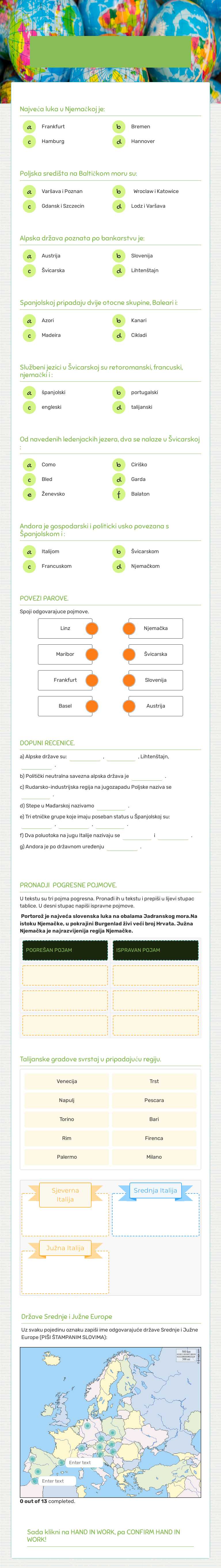 SREDNJA I JUŽNA EUROPA PONAVLJANJE worksheet preview image