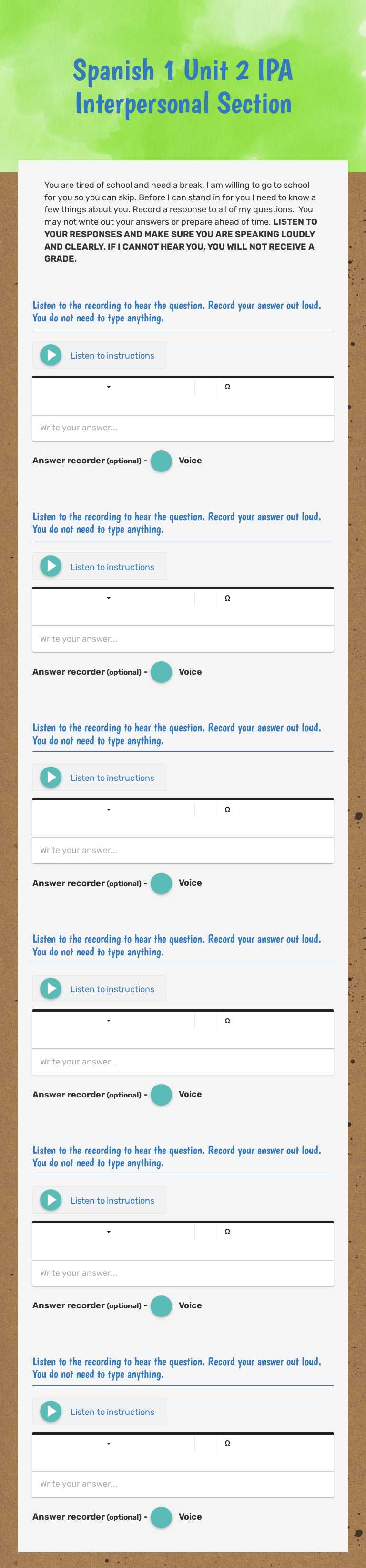 Spanish 1  Unit 2 IPA Interpersonal Section worksheet preview image