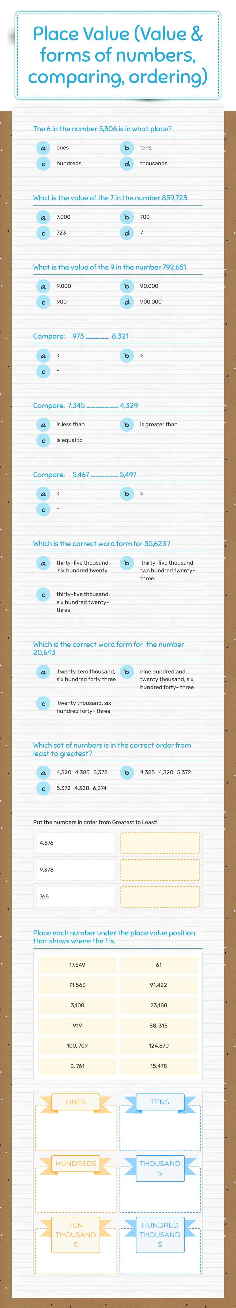 Place Value (Value & forms of numbers, comparing, ordering) Grade 3 worksheet preview