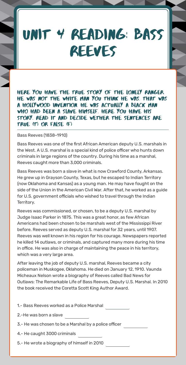 Unit 4 reading: Bass reeves worksheet preview image