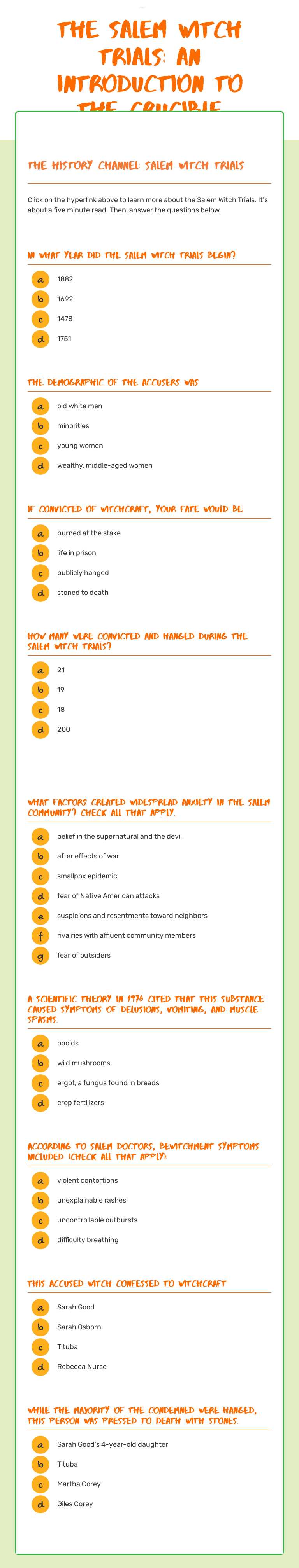 The Salem Witch Trials: An Introduction to       The Crucible worksheet preview image