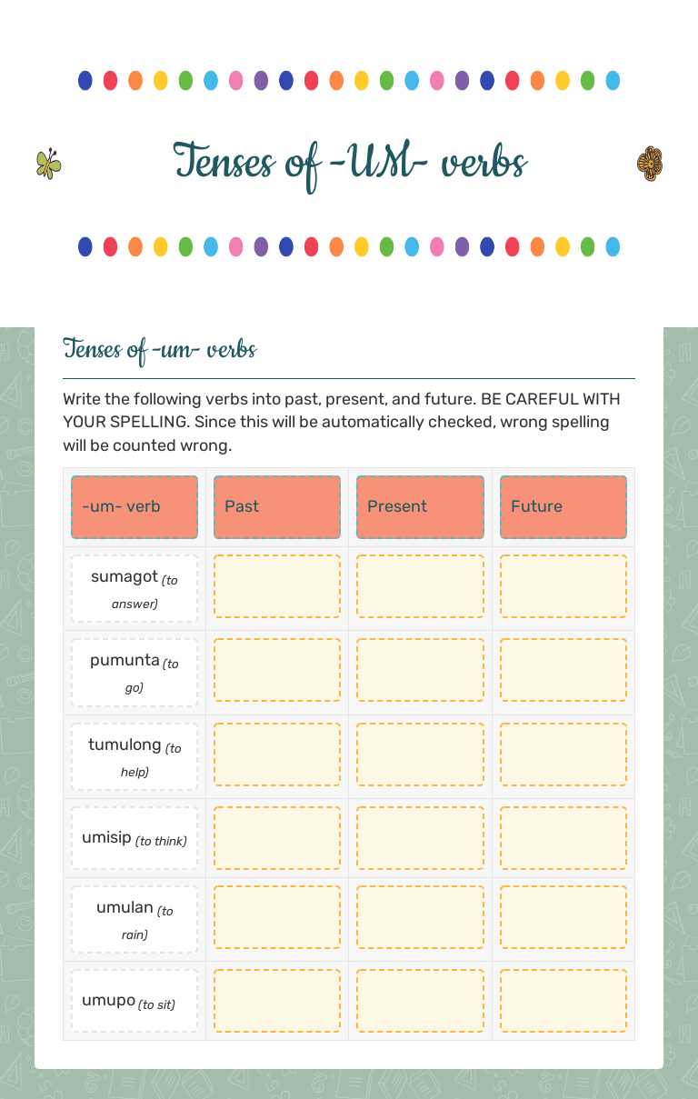 Tenses of -UM- verbs Grade 6 worksheet preview