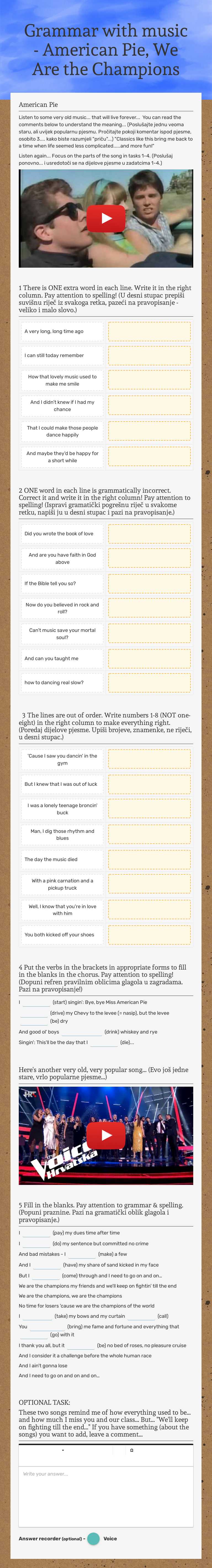 Grammar with music - American Pie, We Are the Champions worksheet preview image