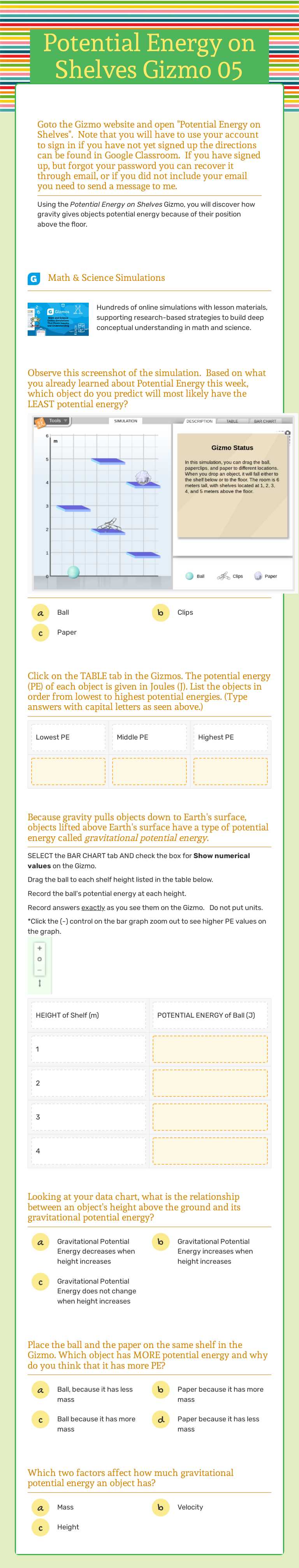 Potential Energy on Shelves Gizmo 05 worksheet preview image