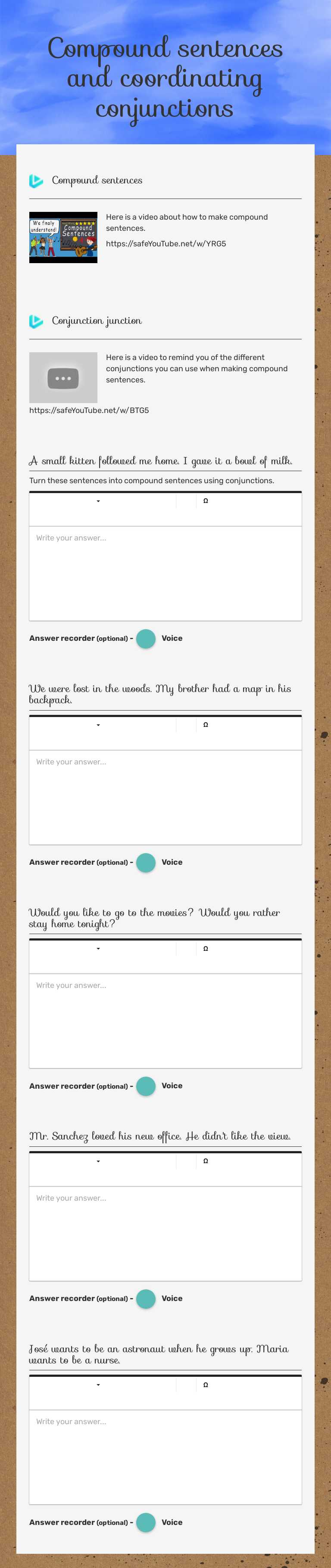 Compound sentences and coordinating conjunctions worksheet preview image