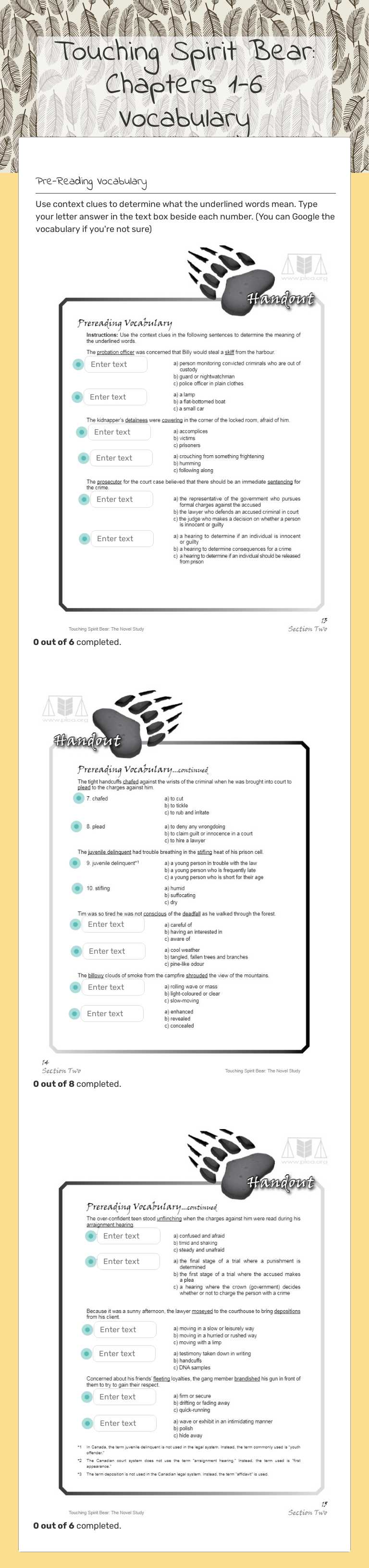 Touching Spirit Bear: Chapters 1-6 Vocabulary worksheet preview image