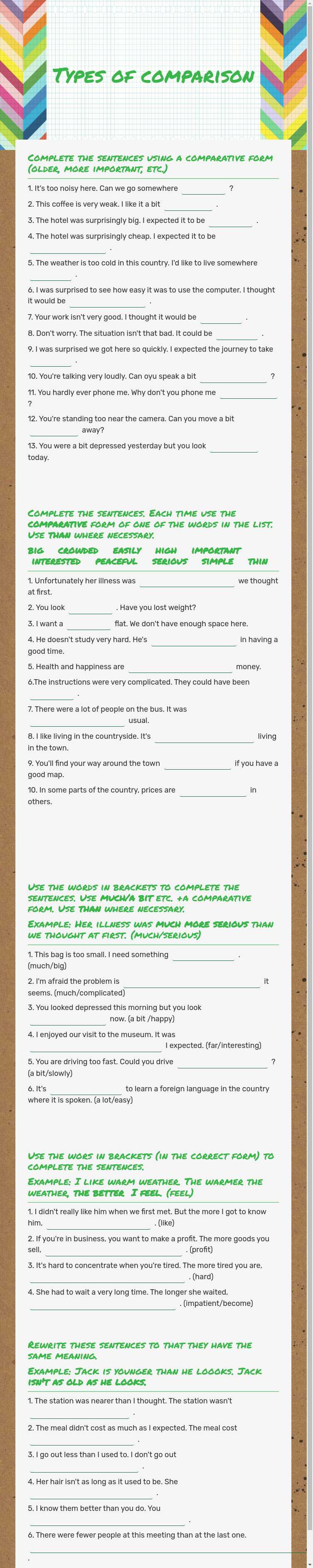 Types of comparison worksheet preview image