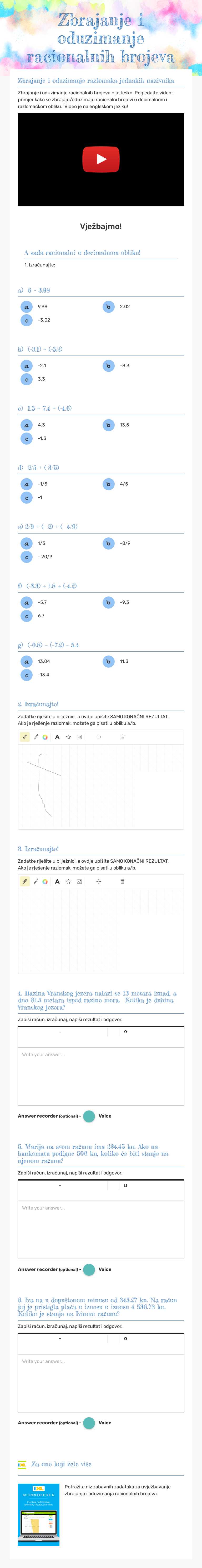 Zbrajanje i oduzimanje racionalnih brojeva Grade 6 worksheet preview
