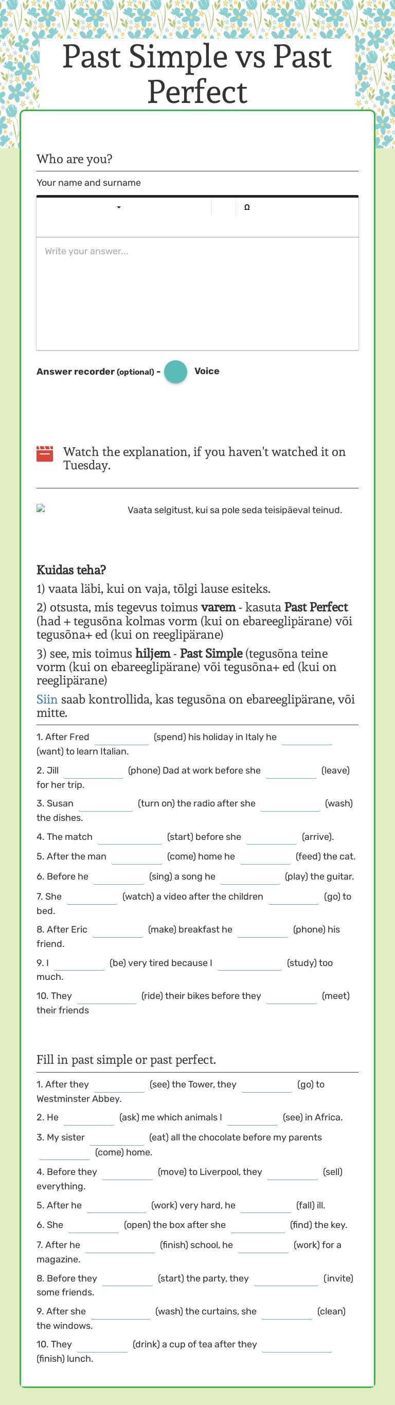 Past Simple vs Past Perfect worksheet preview image
