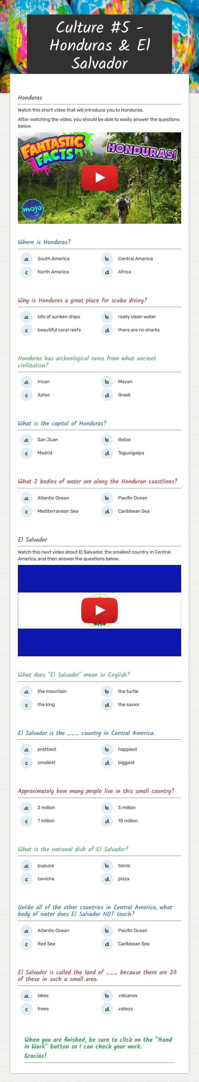 Culture #5 - Honduras & El Salvador worksheet preview image