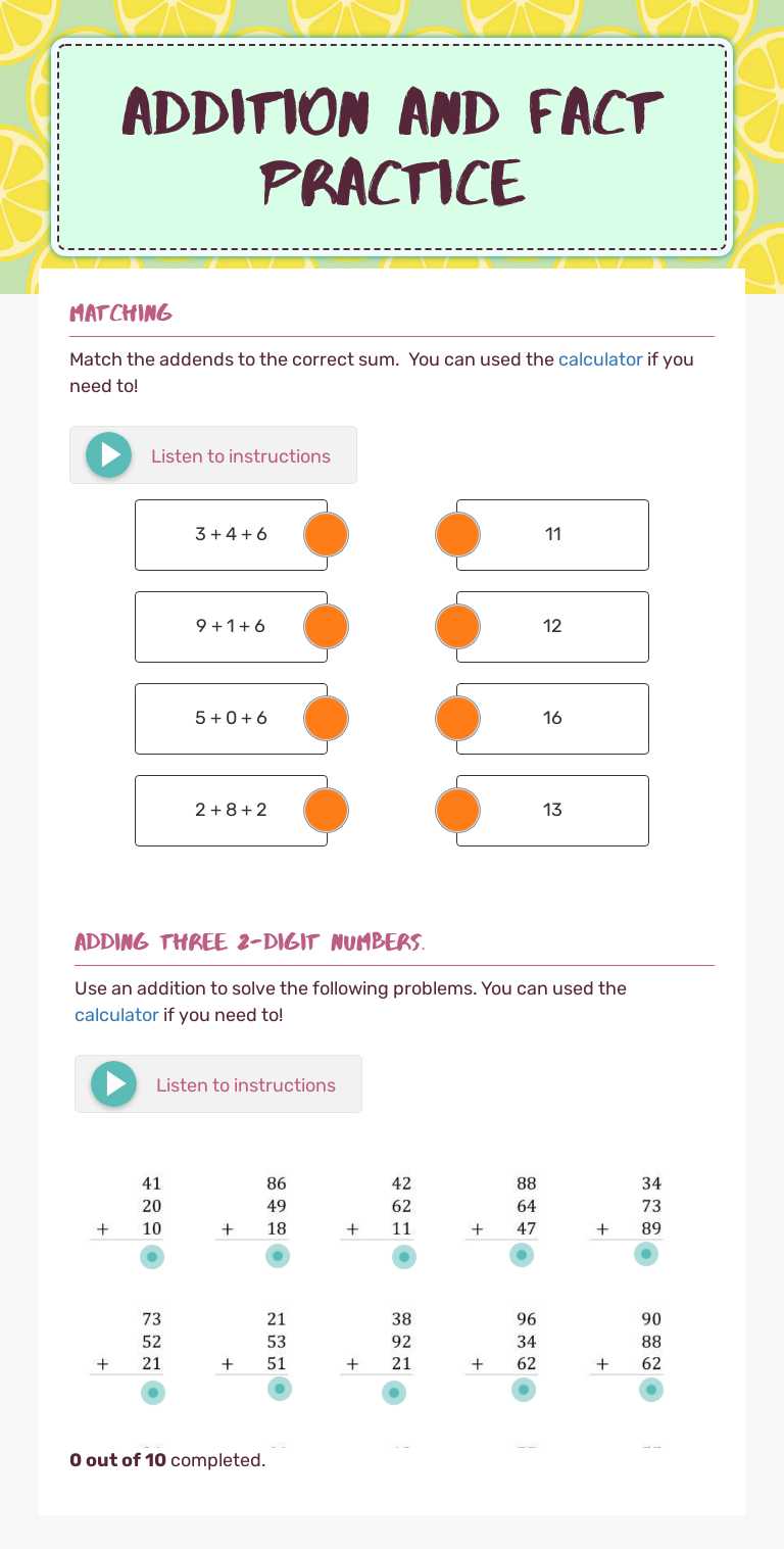Addition and fact practice Grade 2 worksheet preview