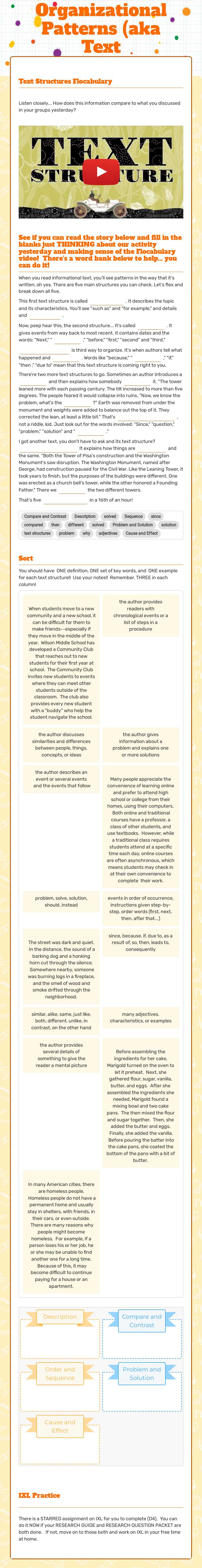 Organizational Patterns (aka Text Structures) worksheet preview image
