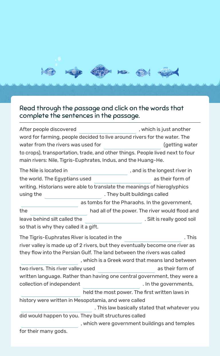 Nile River and TE River Valley      Fill In the Blanks Grade 7 worksheet preview