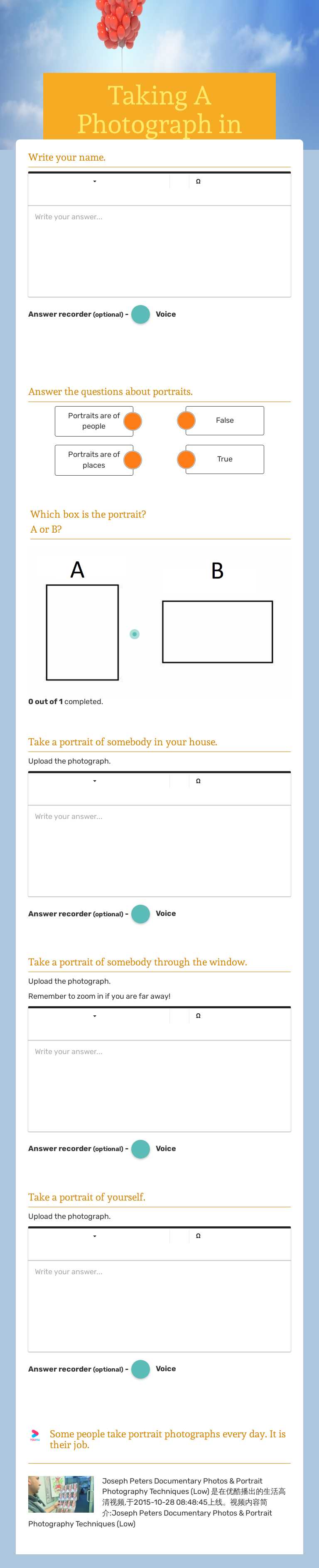 Taking A Photograph in Portrait Grade 3 worksheet preview