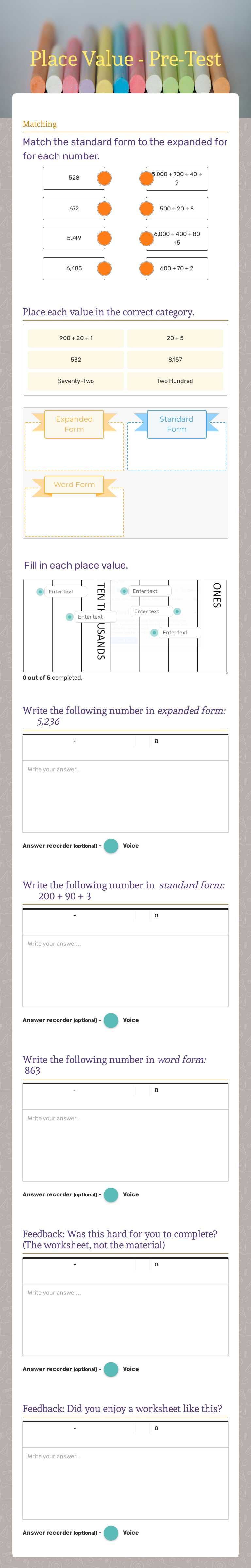 Place Value - Pre-Test worksheet preview image