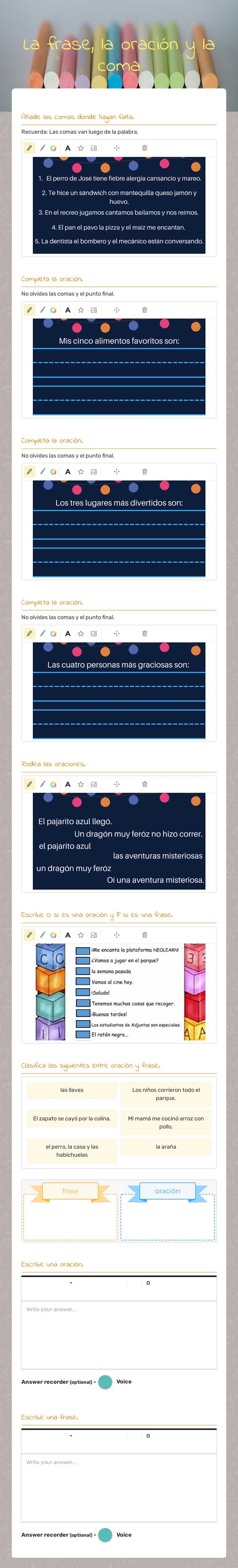 La frase, la oración y la coma worksheet preview image