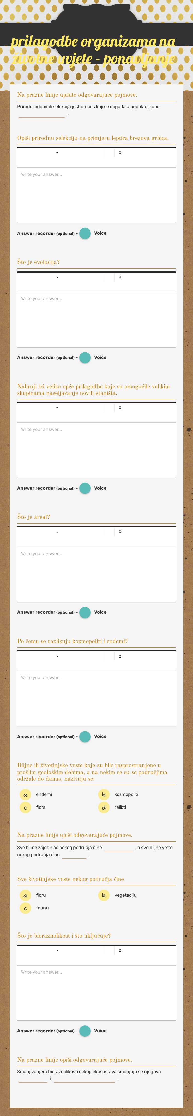 prilagodbe organizama na životne uvjete - ponavljanje Grade 9 worksheet preview