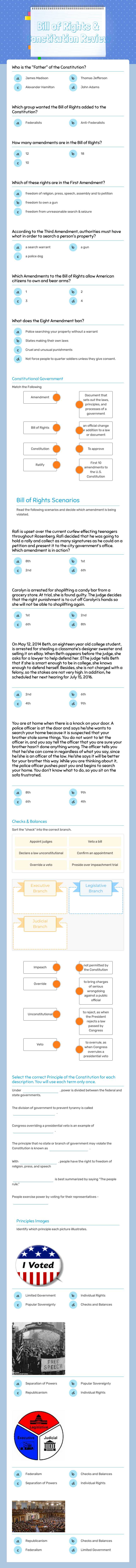Bill of Rights & Constitution Review worksheet preview image