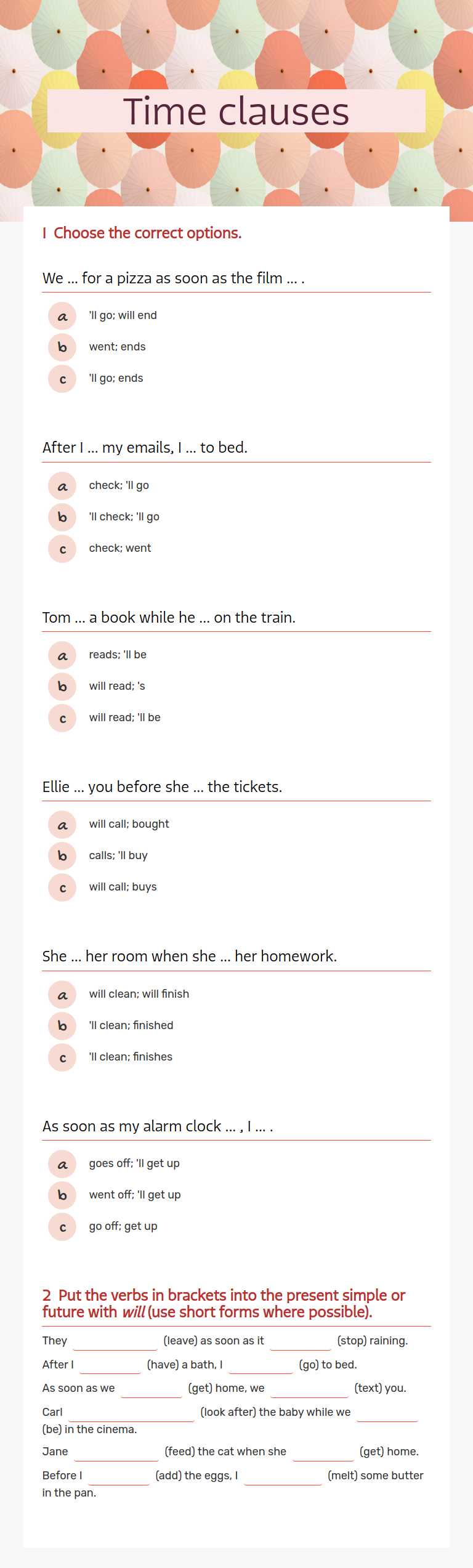 Time clauses worksheet preview image